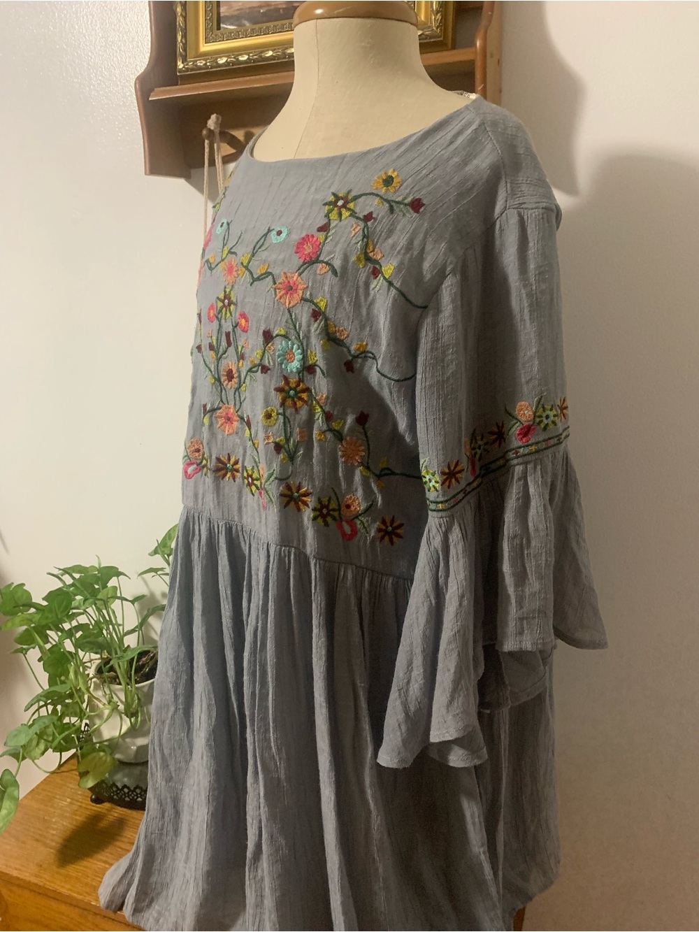 Umgee Blue Floral Boho Embroidered Size Large Babydoll Dress Cotton Blend - Picture 8 of 16